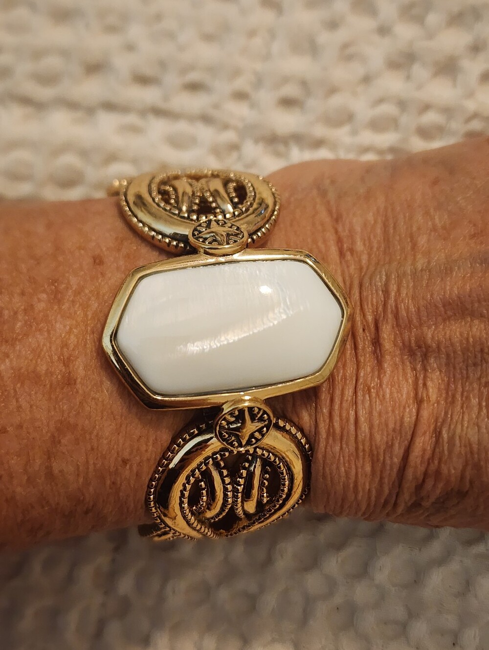 Studio Barse Thailand Gold Cuff Bracelet Creamy Stone Heavy Quiet Luxury